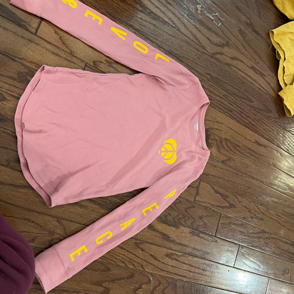 Pink Long Sleeve Shirt with Yellow Peace /love Design